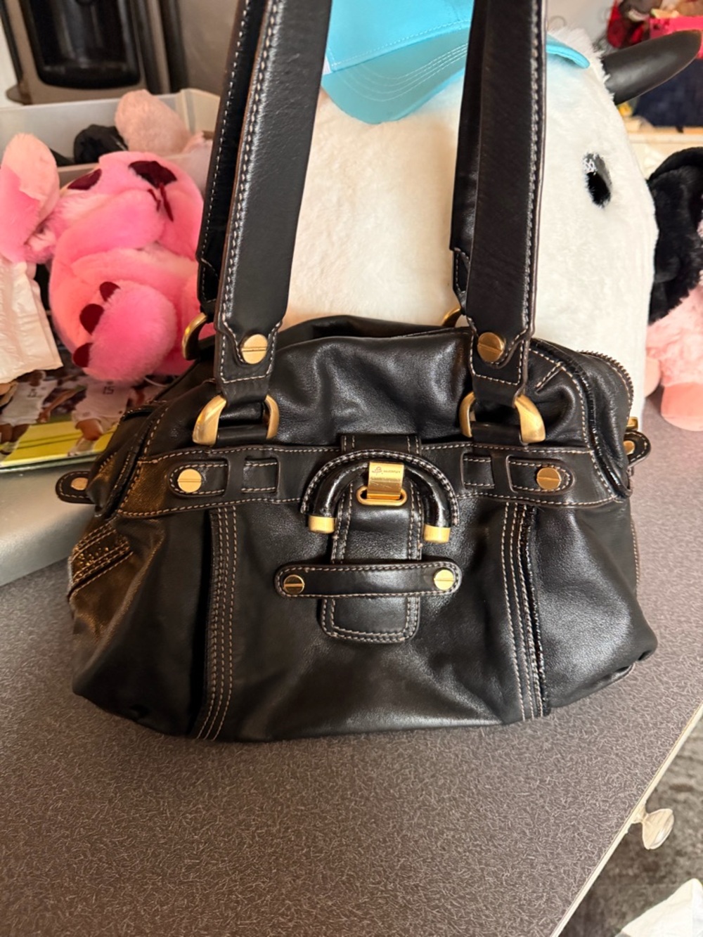 b. makowsky Black Leather Shoulder Satchel with Gold Hardware